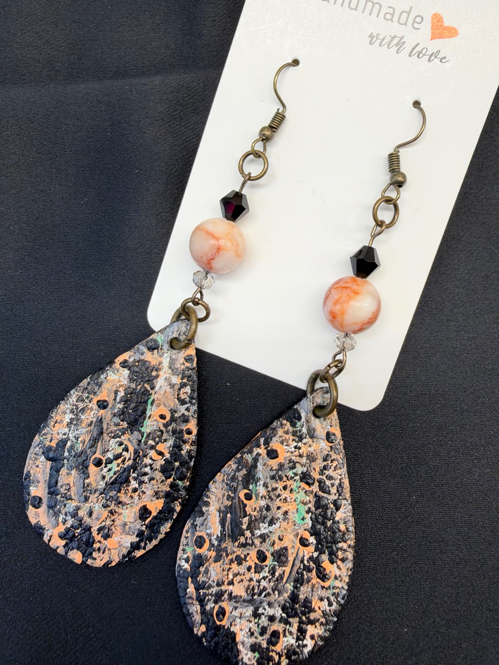 Handmade Abstract Painted Leather Black & Peach Teardrop Dangle Earrings